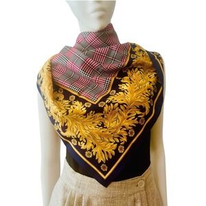VTG Baroque Gold, Blue and  Red Houndstooth Polyester Scarf Made in ITALY  33"